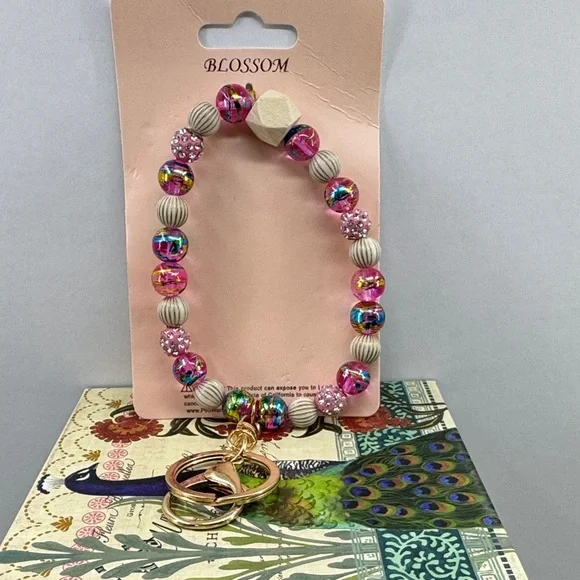 Pink and Gold Beaded Keychain Bracelet - Picture 2 of 5